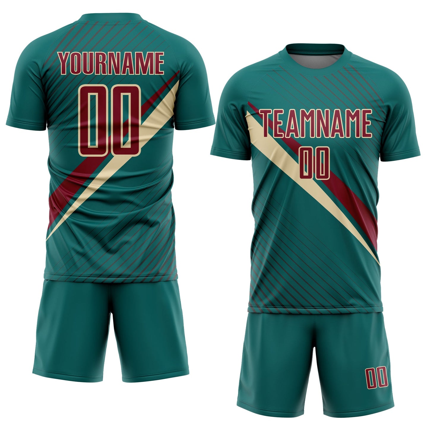 Custom Teal Crimson-Cream Diagonal Stripes Sports Sublimation Soccer Uniform Jersey view 2