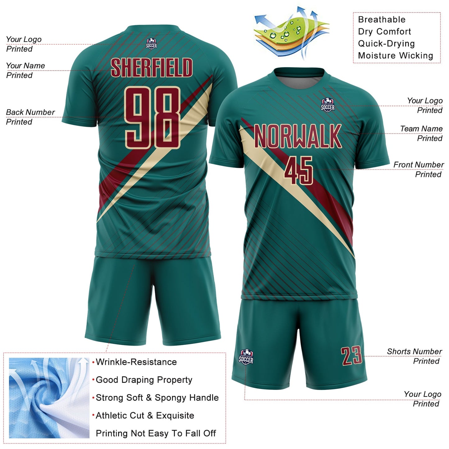 Custom Teal Crimson-Cream Diagonal Stripes Sports Sublimation Soccer Uniform Jersey view 4