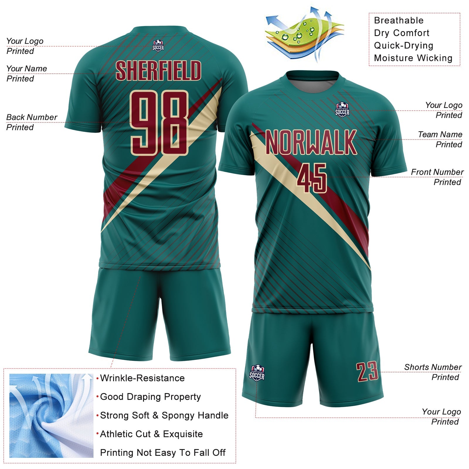Custom Teal Crimson-Cream Diagonal Stripes Sports Sublimation Soccer Uniform Jersey view 4