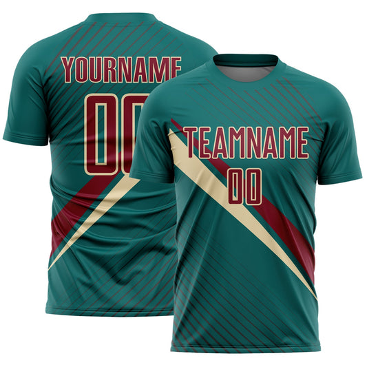 Custom Teal Crimson-Cream Diagonal Stripes Sports Sublimation Soccer Uniform Jersey - Main View