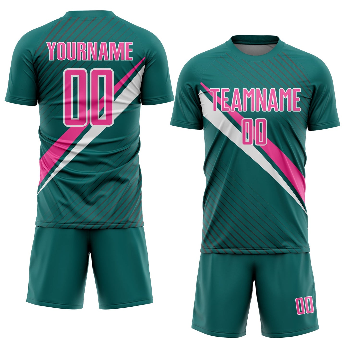Custom Teal Pink-White Diagonal Stripes Sports Sublimation Soccer Uniform Jersey view 2