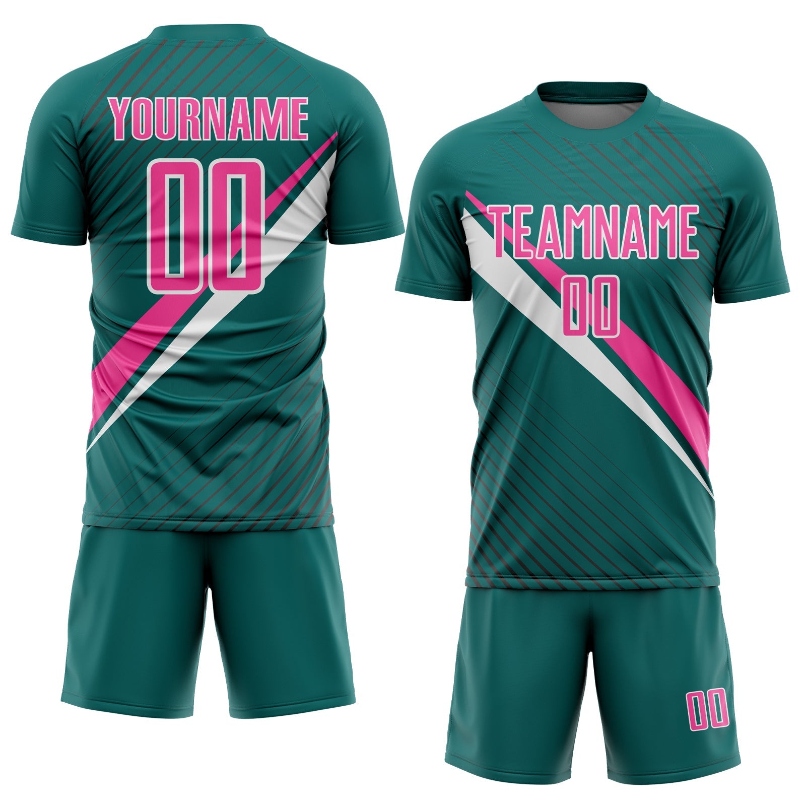 Custom Teal Pink-White Diagonal Stripes Sports Sublimation Soccer Uniform Jersey view 2