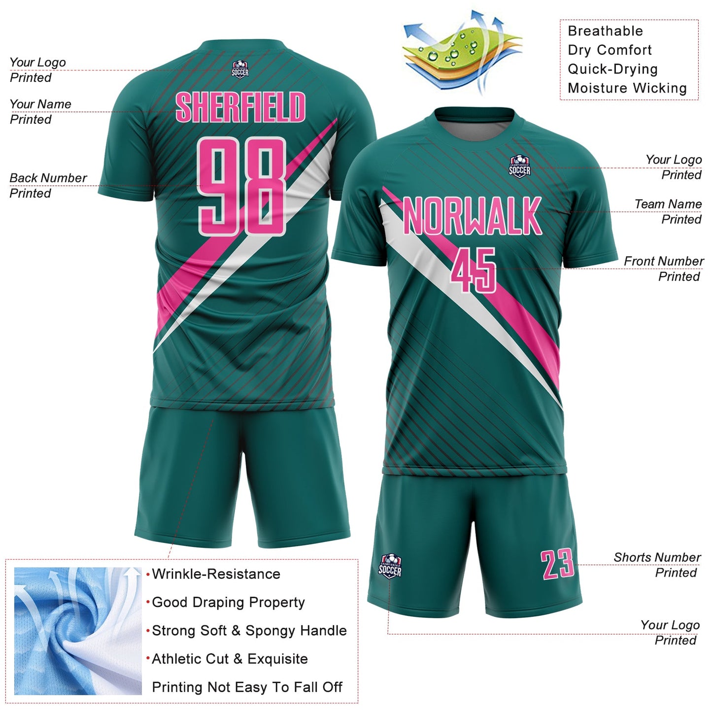 Custom Teal Pink-White Diagonal Stripes Sports Sublimation Soccer Uniform Jersey view 4