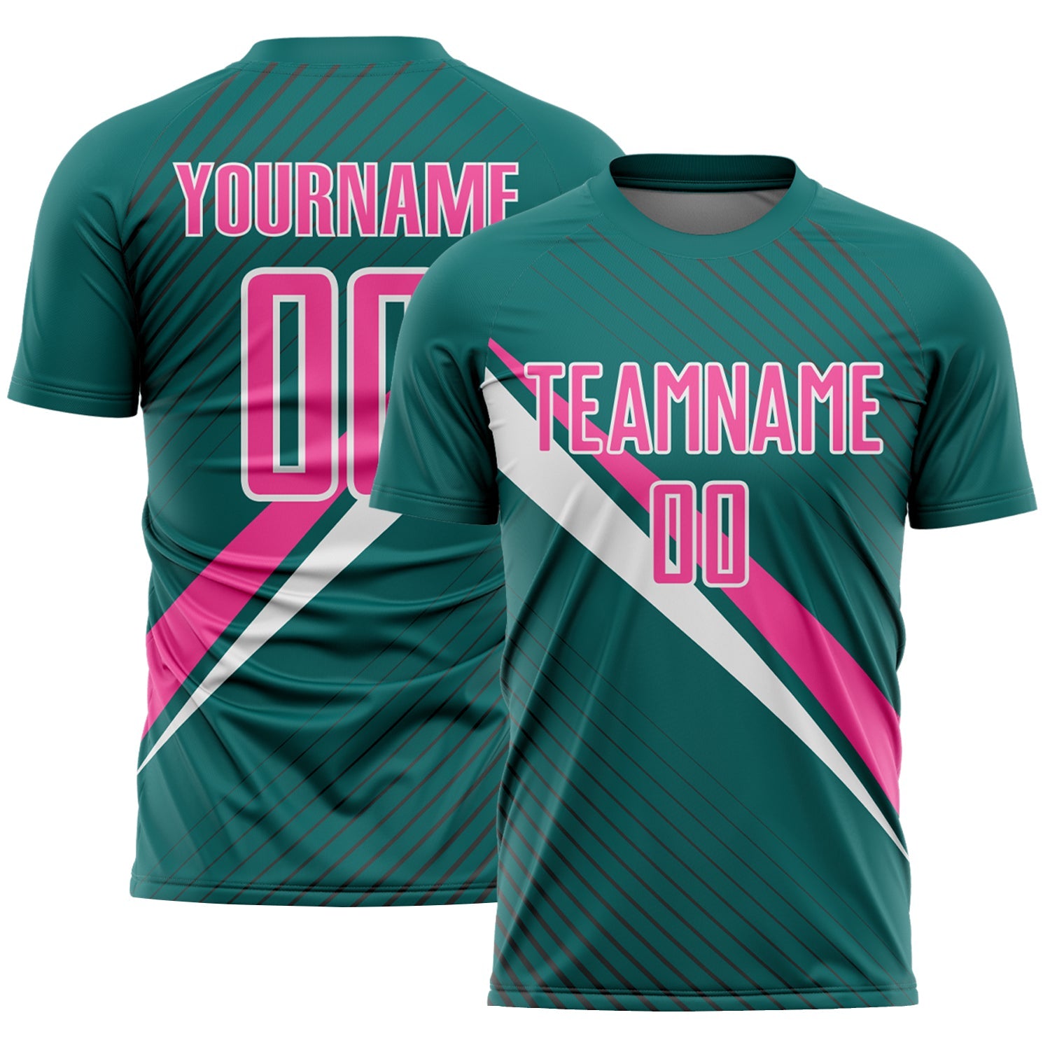 Custom Teal Pink-White Diagonal Stripes Sports Sublimation Soccer Uniform Jersey - Main View