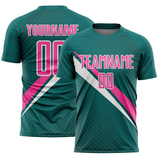 Custom Teal Pink-White Diagonal Stripes Sports Sublimation Soccer Uniform Jersey - Main View