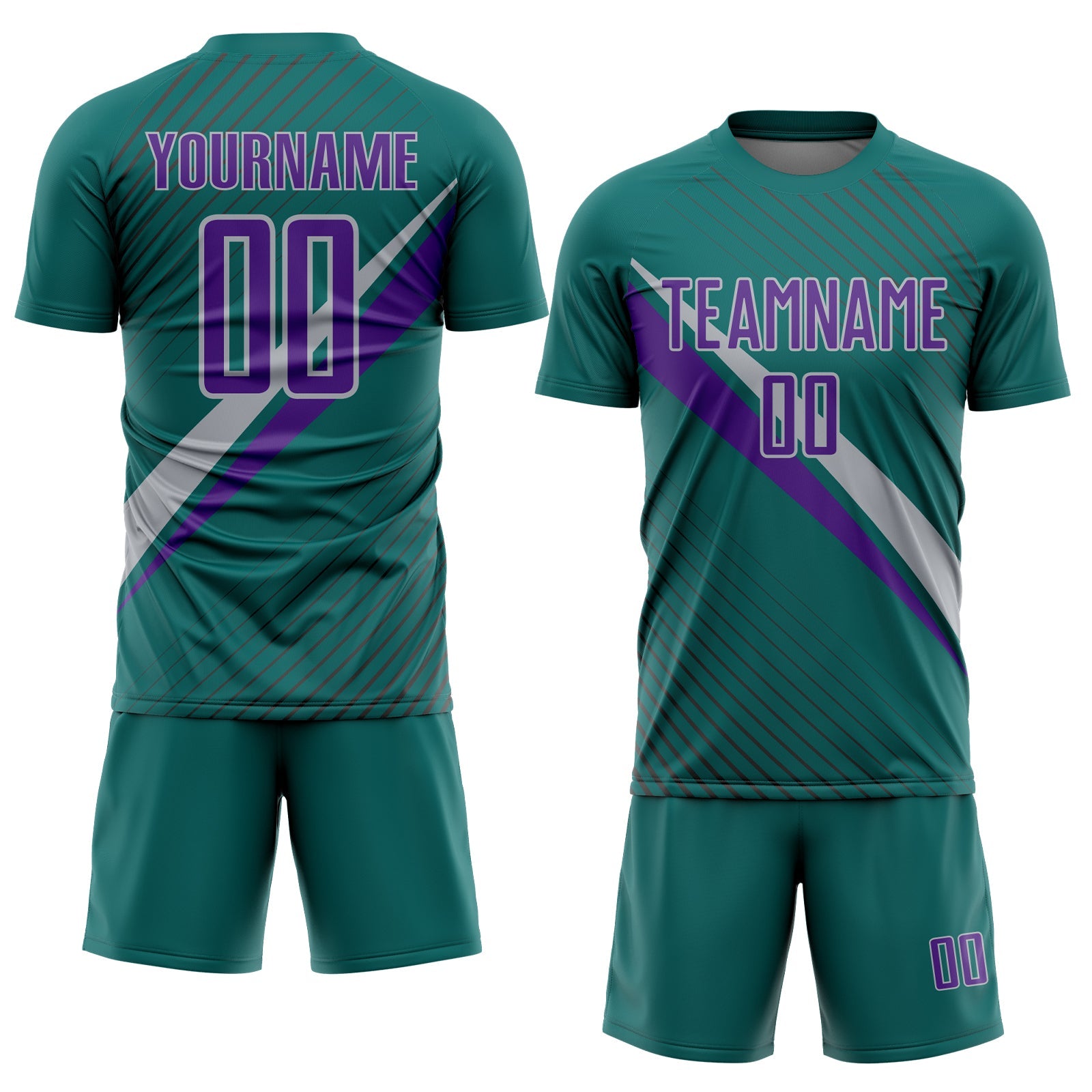 Custom Teal Purple-Gray Diagonal Stripes Sports Sublimation Soccer Uniform Jersey view 2
