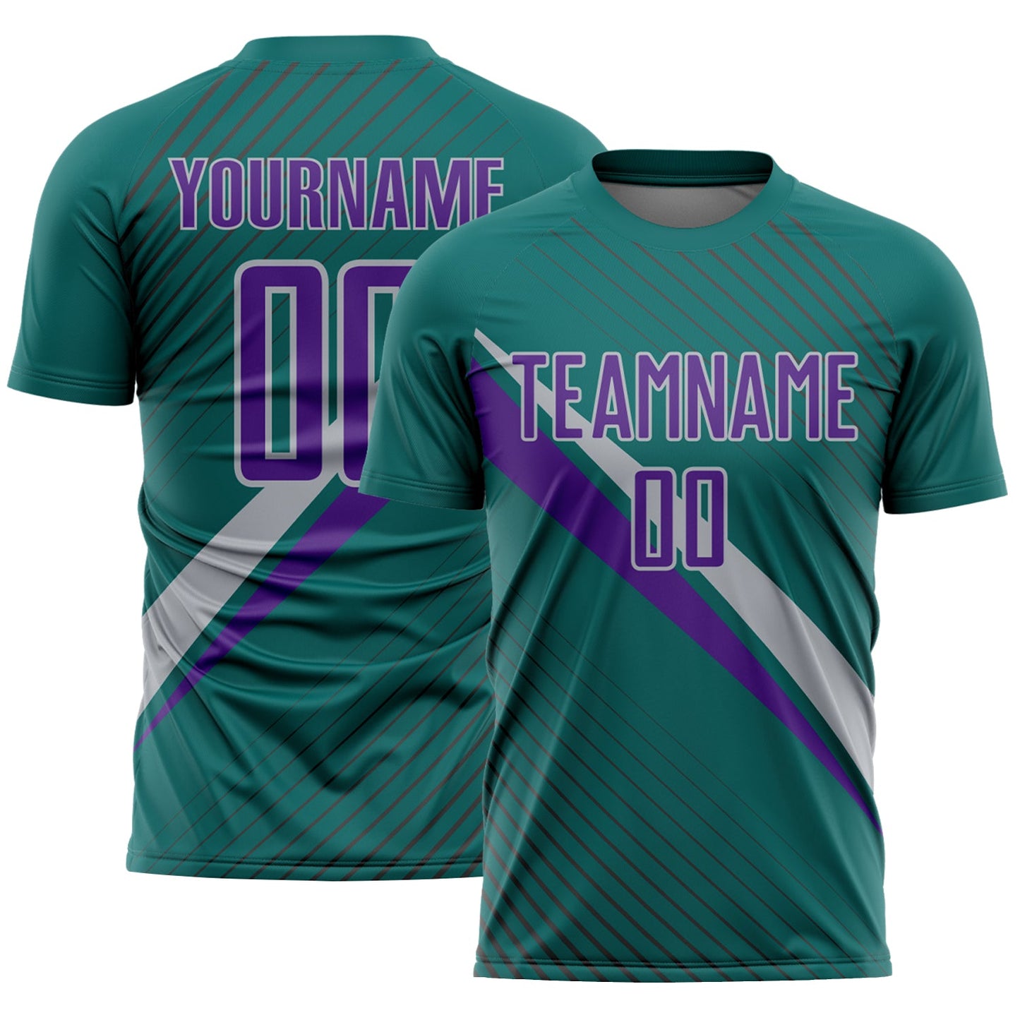 Custom Teal Purple-Gray Diagonal Stripes Sports Sublimation Soccer Uniform Jersey - Main View