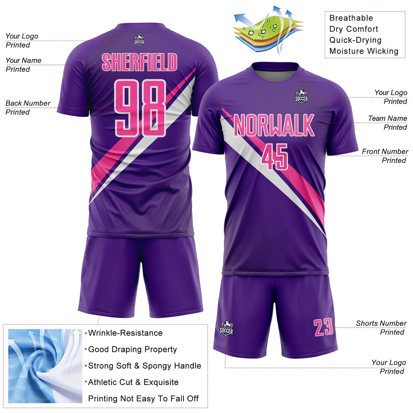 Custom Purple Pink-White Diagonal Stripes Sports Sublimation Soccer Uniform Jersey view 4