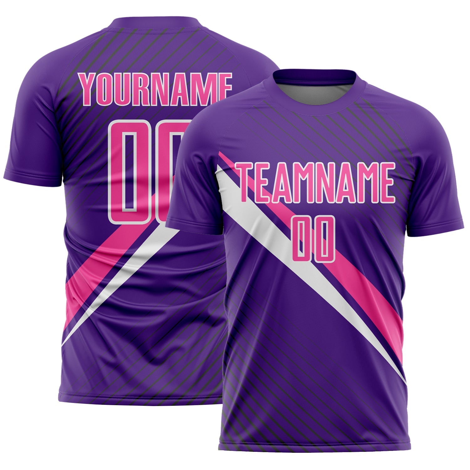 Custom Purple Pink-White Diagonal Stripes Sports Sublimation Soccer Uniform Jersey - Main View