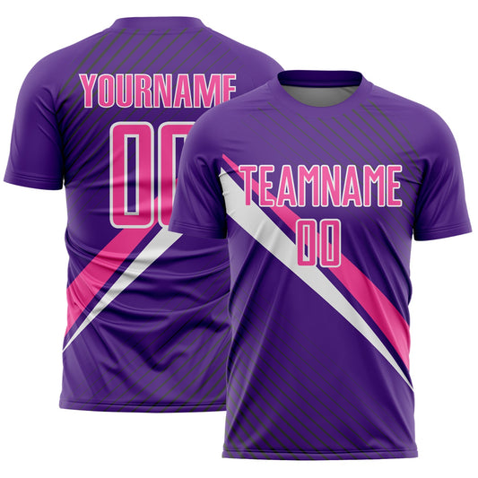 Custom Purple Pink-White Diagonal Stripes Sports Sublimation Soccer Uniform Jersey - Main View