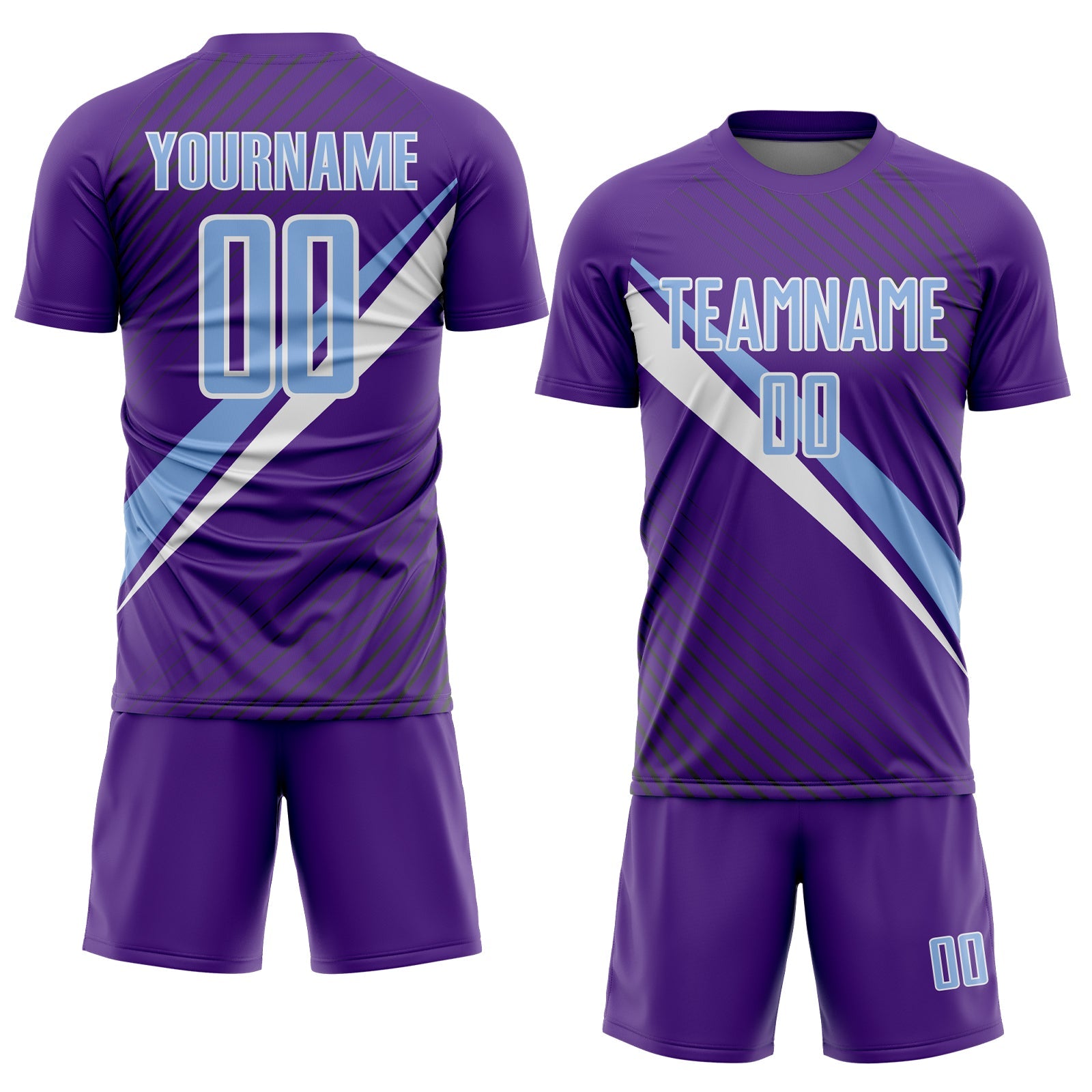 Custom Purple Light Blue-White Diagonal Stripes Sports Sublimation Soccer Uniform Jersey view 2