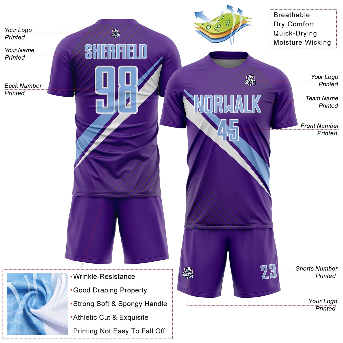 Custom Purple Light Blue-White Diagonal Stripes Sports Sublimation Soccer Uniform Jersey view 4