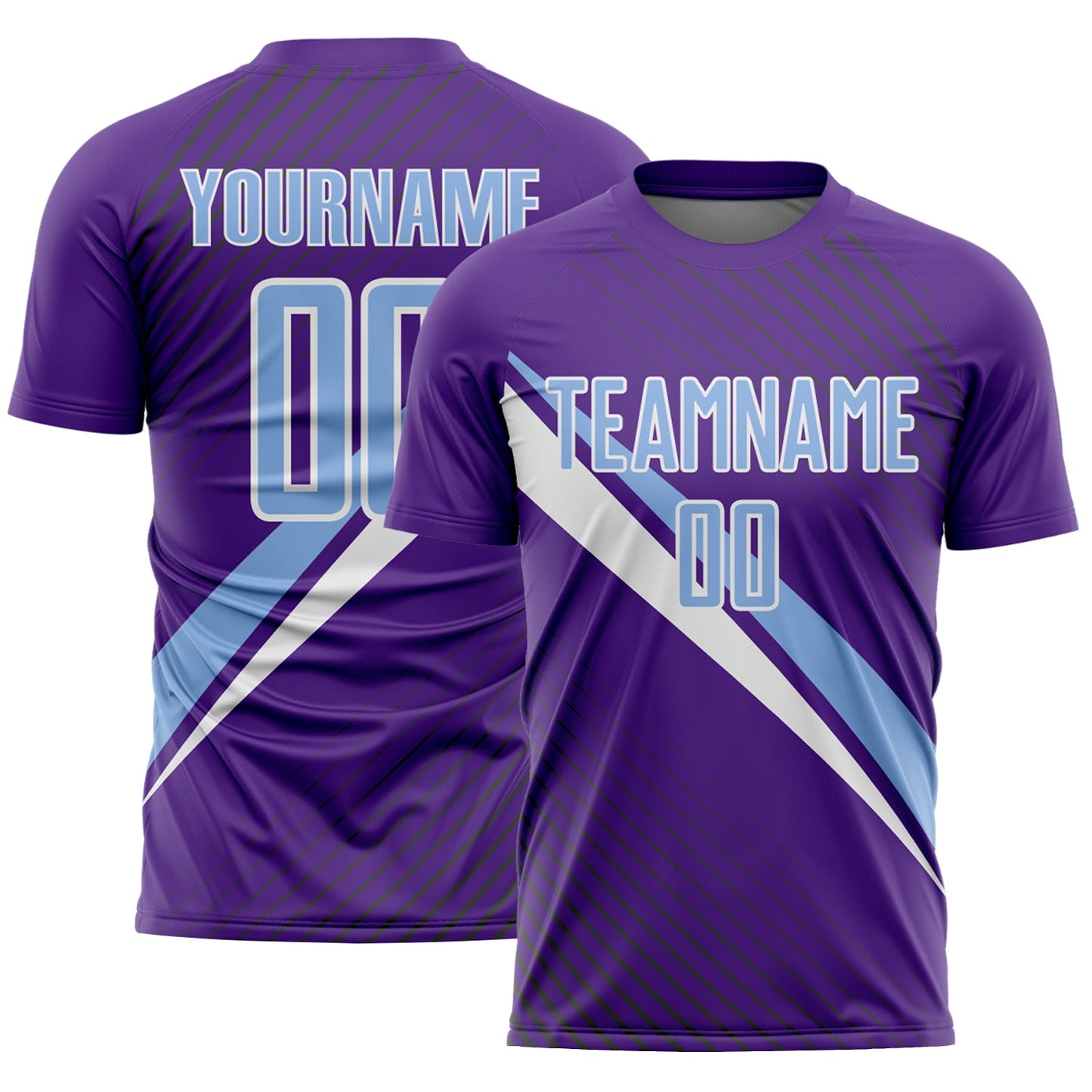 Custom Purple Light Blue-White Diagonal Stripes Sports Sublimation Soccer Uniform Jersey - Main View
