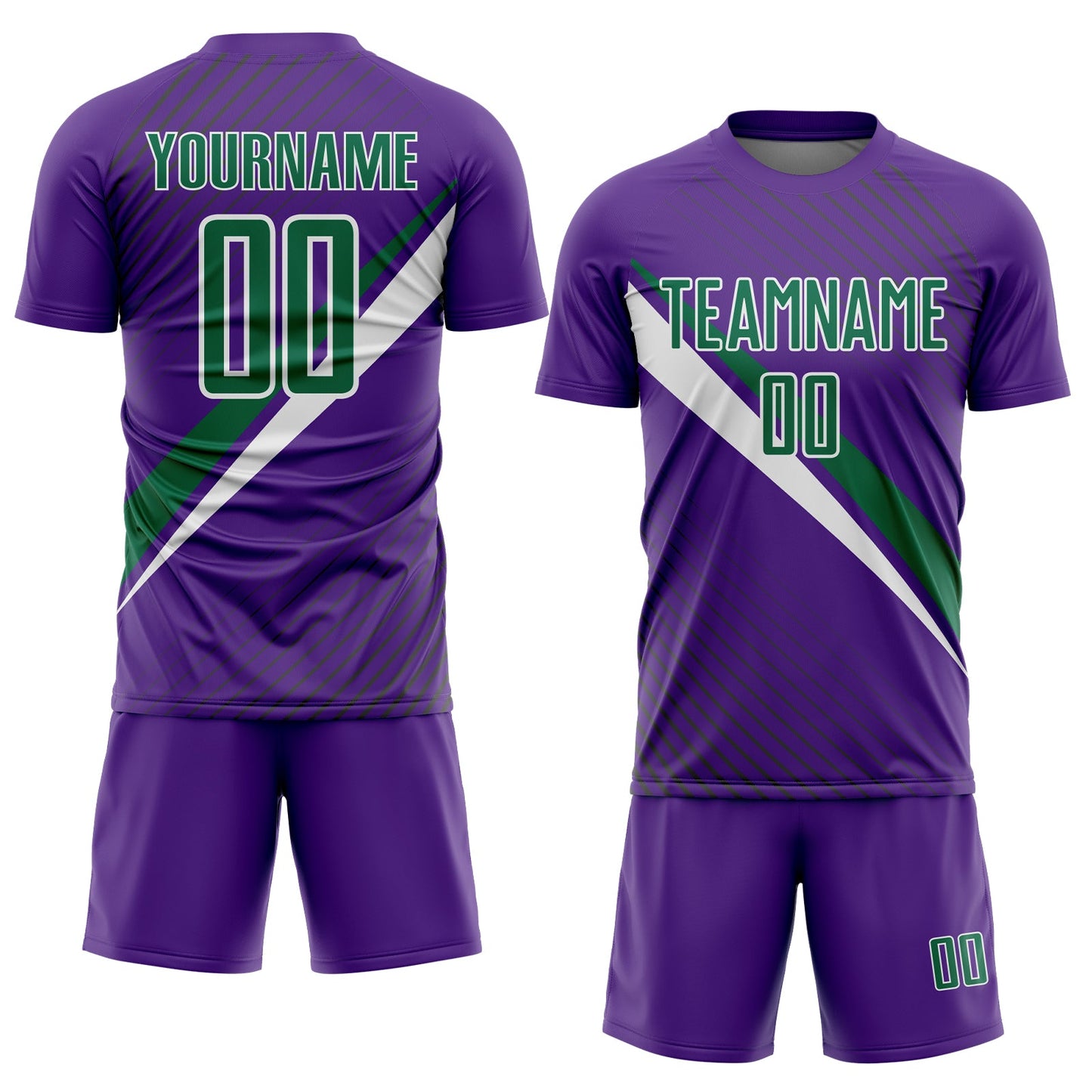 Custom Purple Kelly Green-White Diagonal Stripes Sports Sublimation Soccer Uniform Jersey view 2