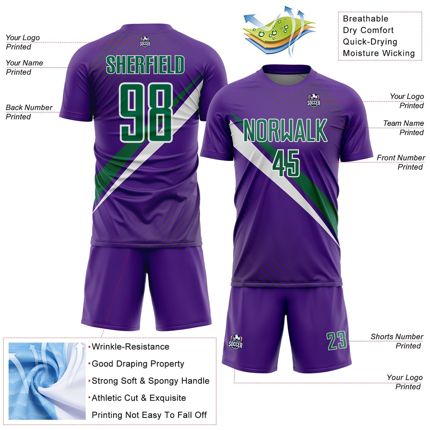 Custom Purple Kelly Green-White Diagonal Stripes Sports Sublimation Soccer Uniform Jersey view 4
