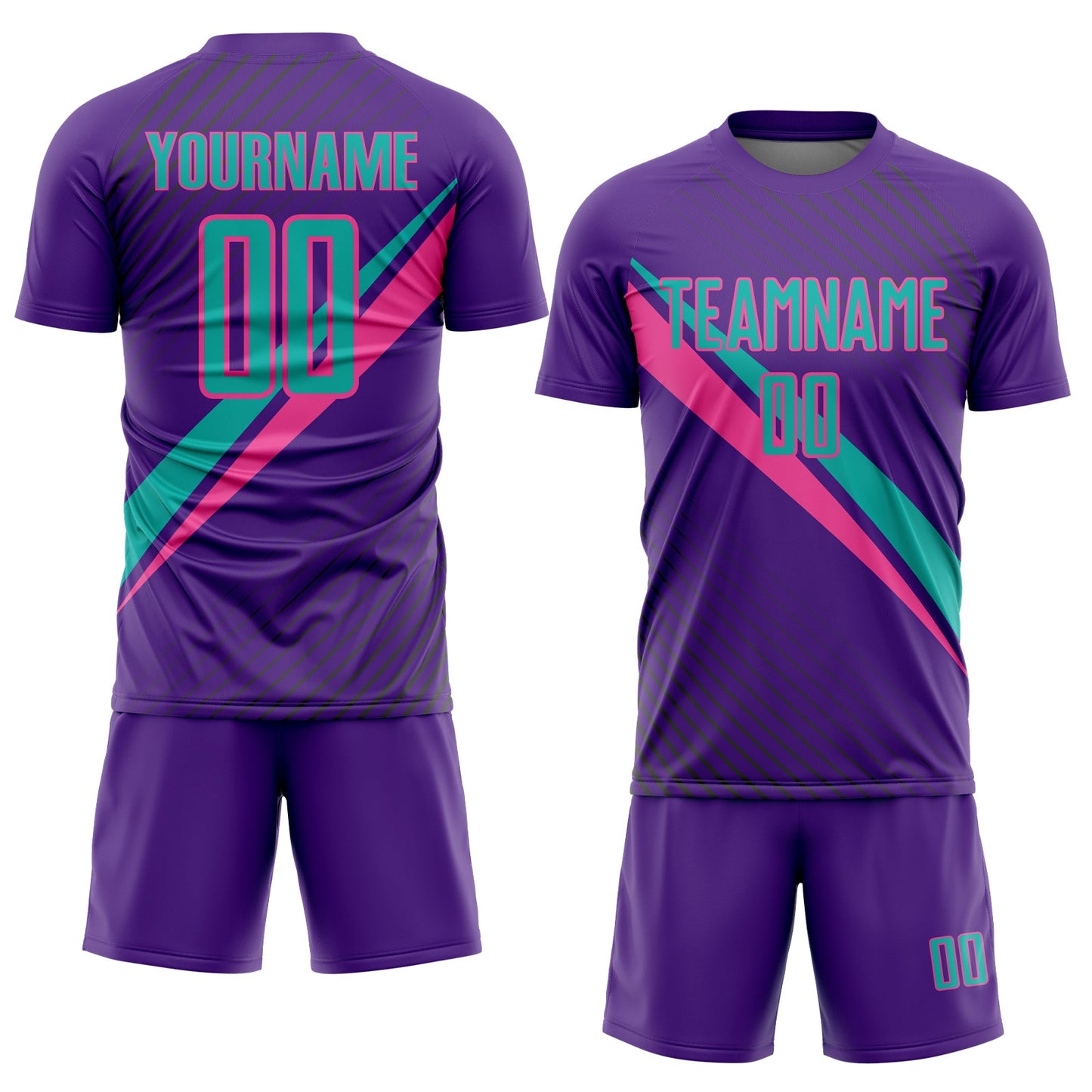 Custom Purple Aqua-Pink Diagonal Stripes Sports Sublimation Soccer Uniform Jersey view 2