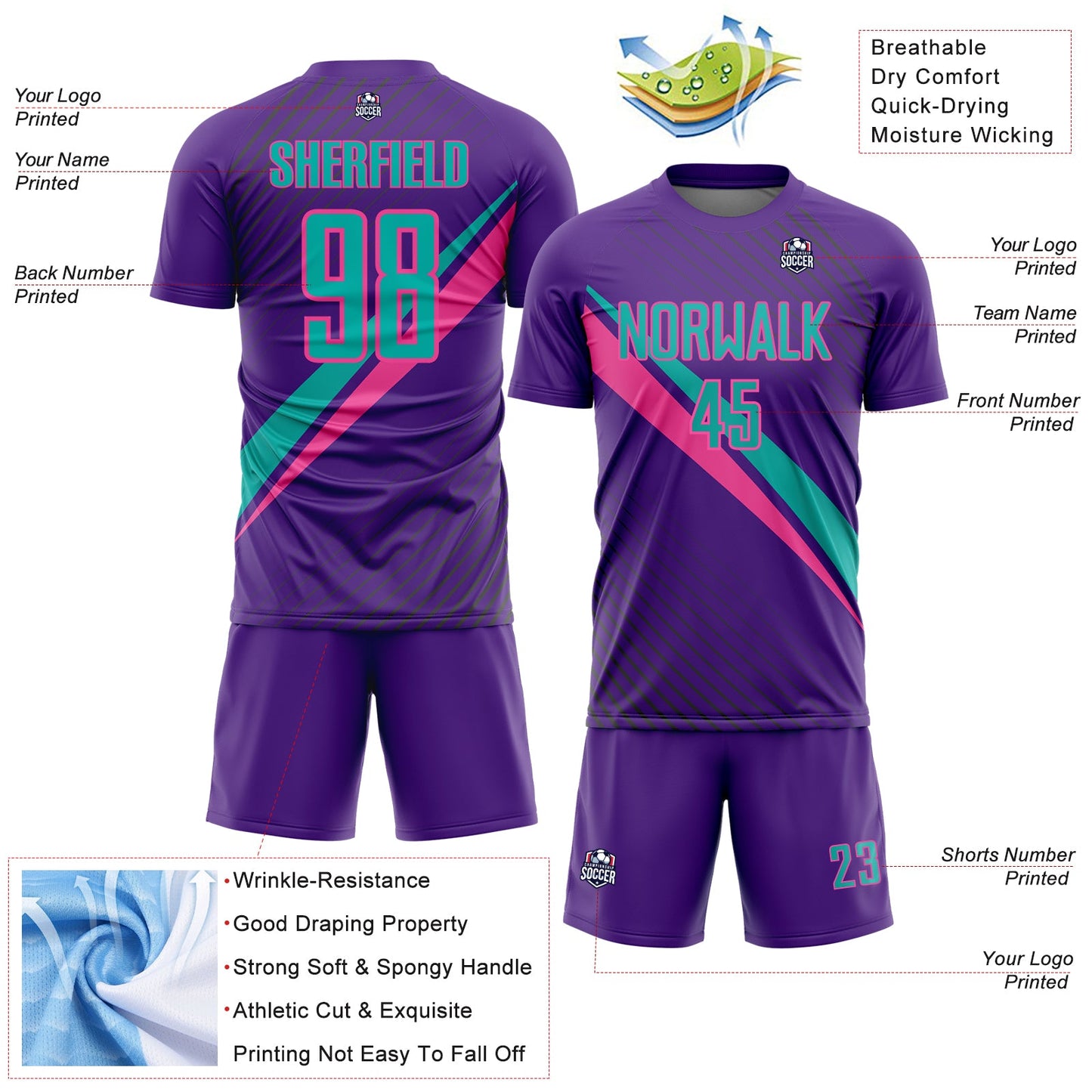 Custom Purple Aqua-Pink Diagonal Stripes Sports Sublimation Soccer Uniform Jersey view 4