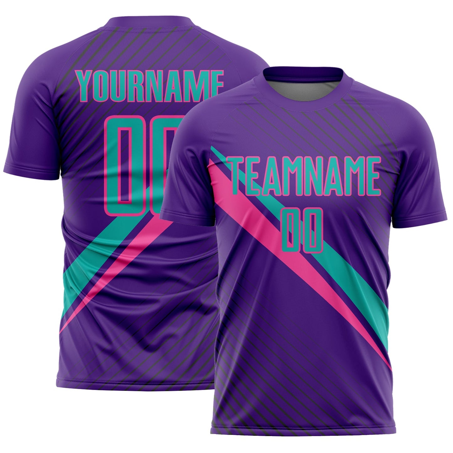 Custom Purple Aqua-Pink Diagonal Stripes Sports Sublimation Soccer Uniform Jersey - Main View