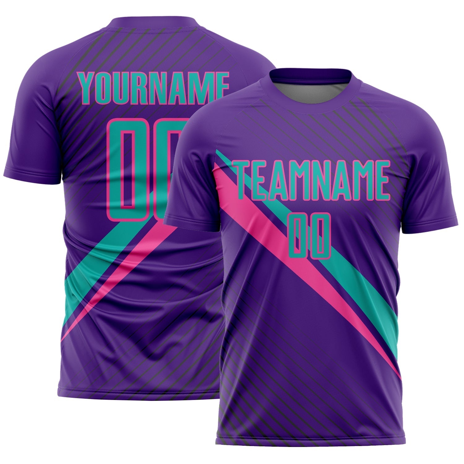 Custom Purple Aqua-Pink Diagonal Stripes Sports Sublimation Soccer Uniform Jersey - Main View