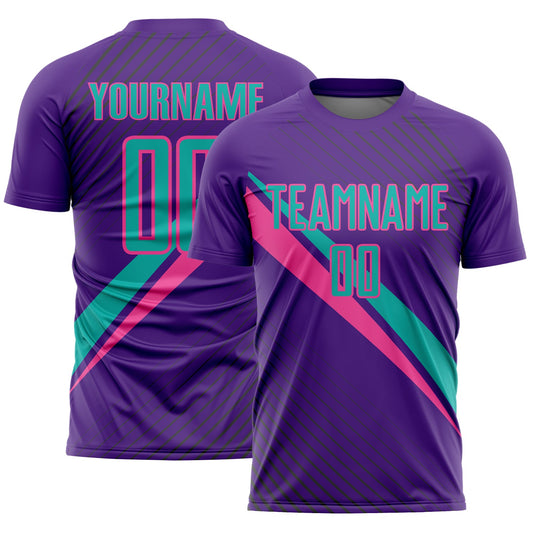 Custom Purple Aqua-Pink Diagonal Stripes Sports Sublimation Soccer Uniform Jersey - Main View