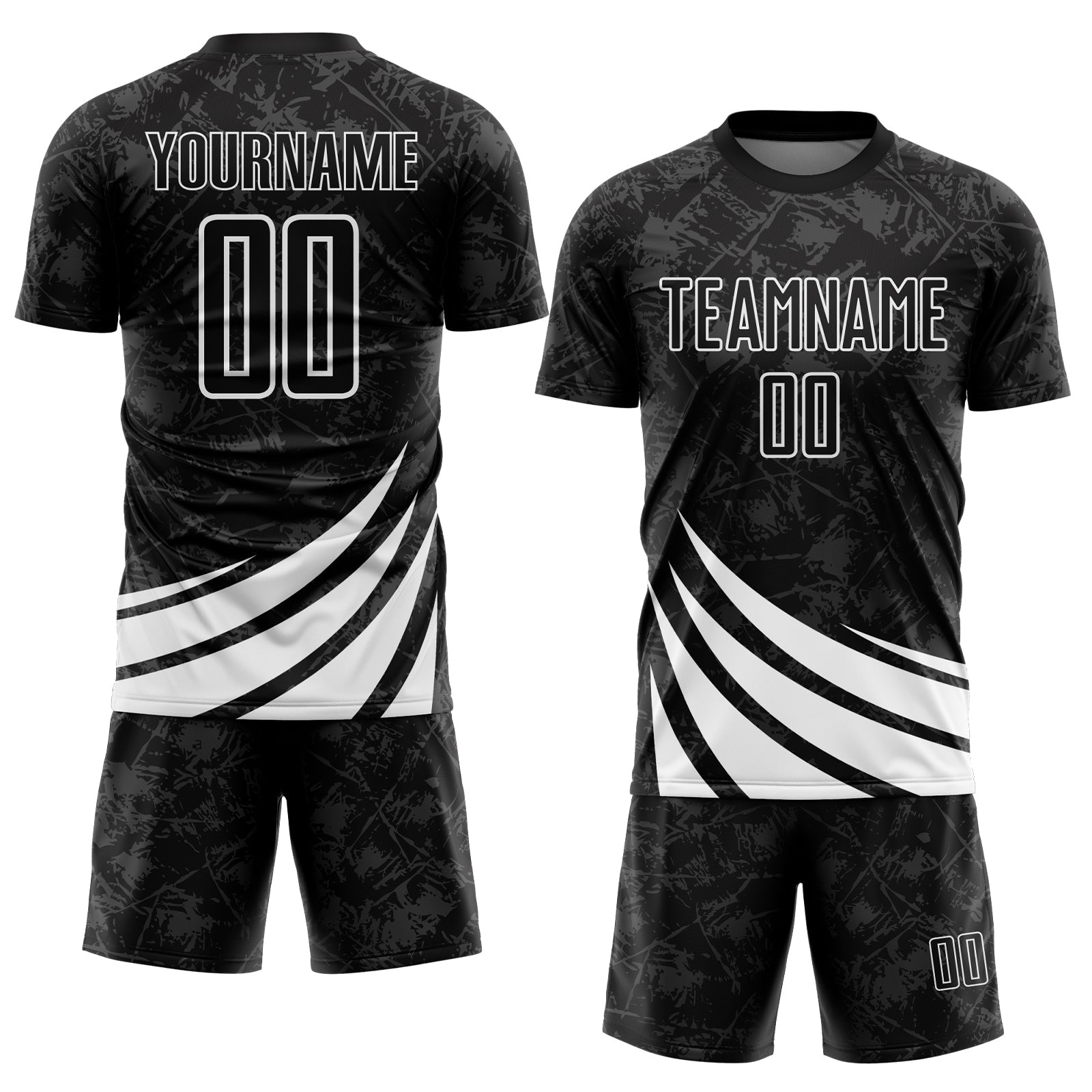 Custom Black White Distressed Diagonal Stripes Wind Shapes Sports Sublimation Soccer Uniform Jersey view 2