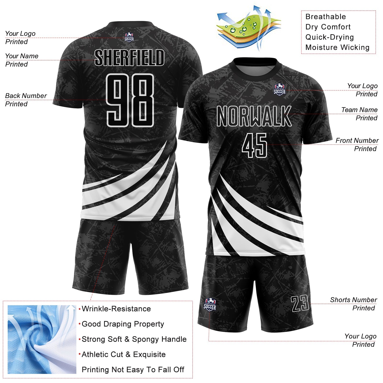 Custom Black White Distressed Diagonal Stripes Wind Shapes Sports Sublimation Soccer Uniform Jersey view 4