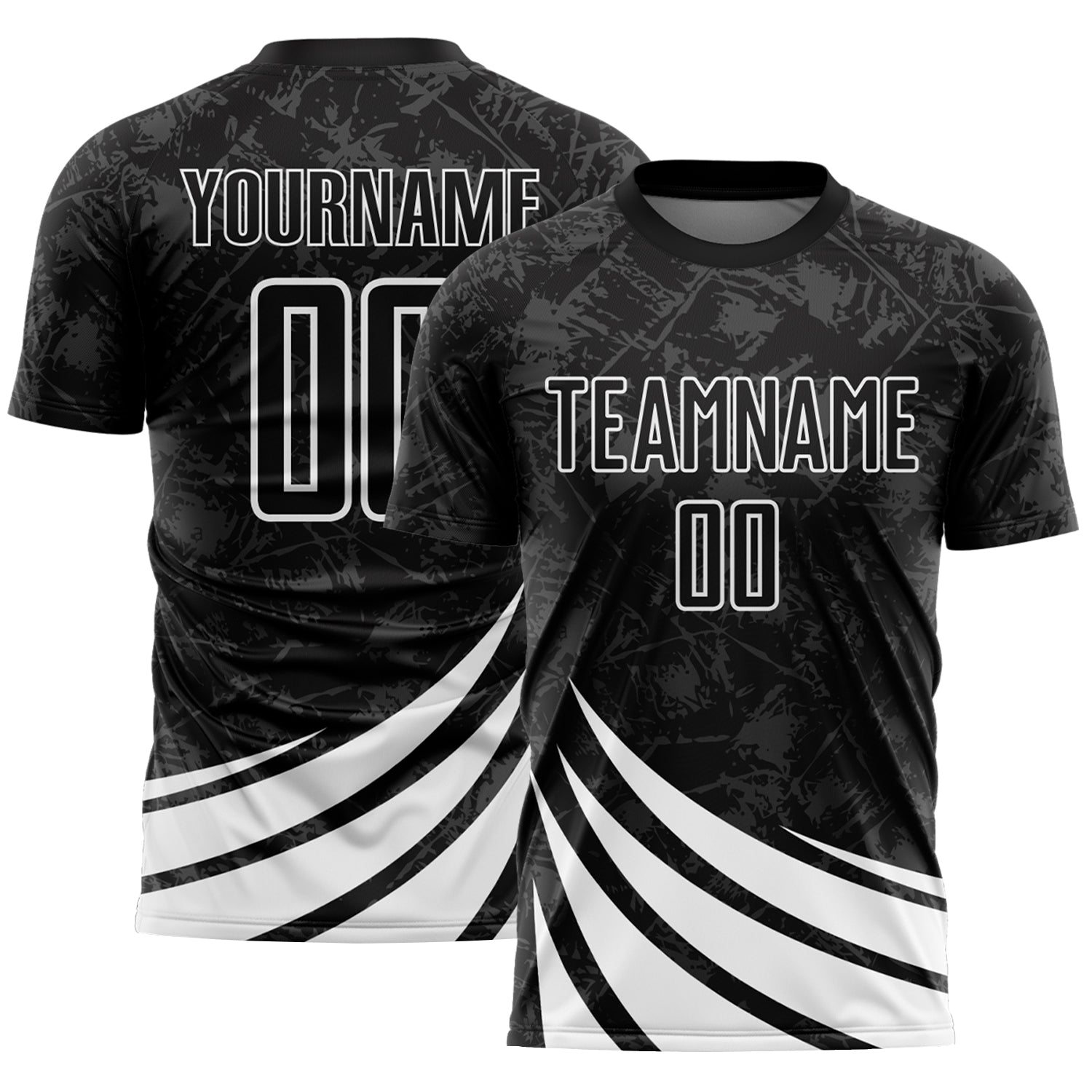 Custom Black White Distressed Diagonal Stripes Wind Shapes Sports Sublimation Soccer Uniform Jersey - Main View