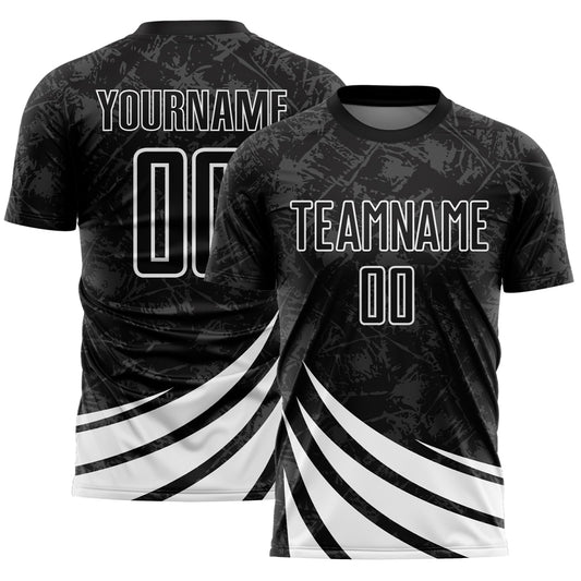 Custom Black White Distressed Diagonal Stripes Wind Shapes Sports Sublimation Soccer Uniform Jersey - Main View