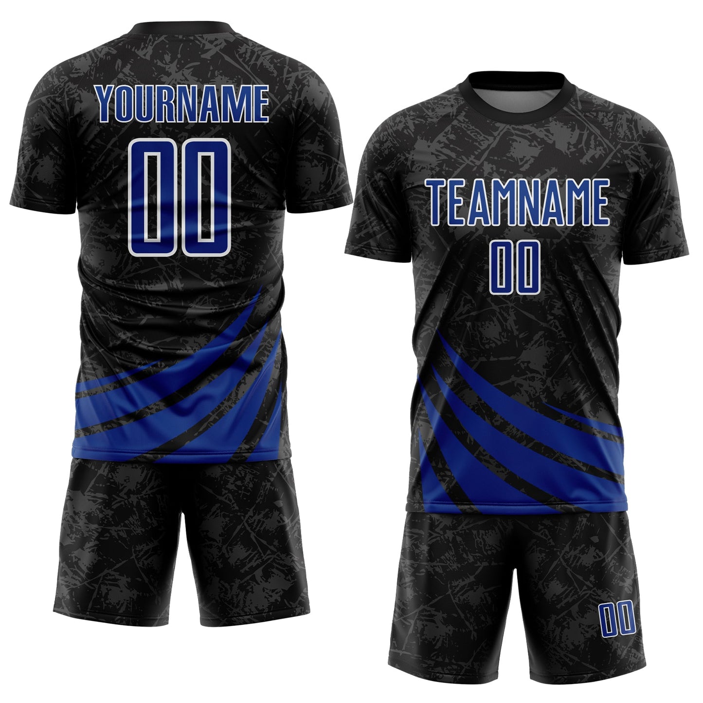 Custom Black Royal-White Distressed Diagonal Stripes Wind Shapes Sports Sublimation Soccer Uniform Jersey view 2
