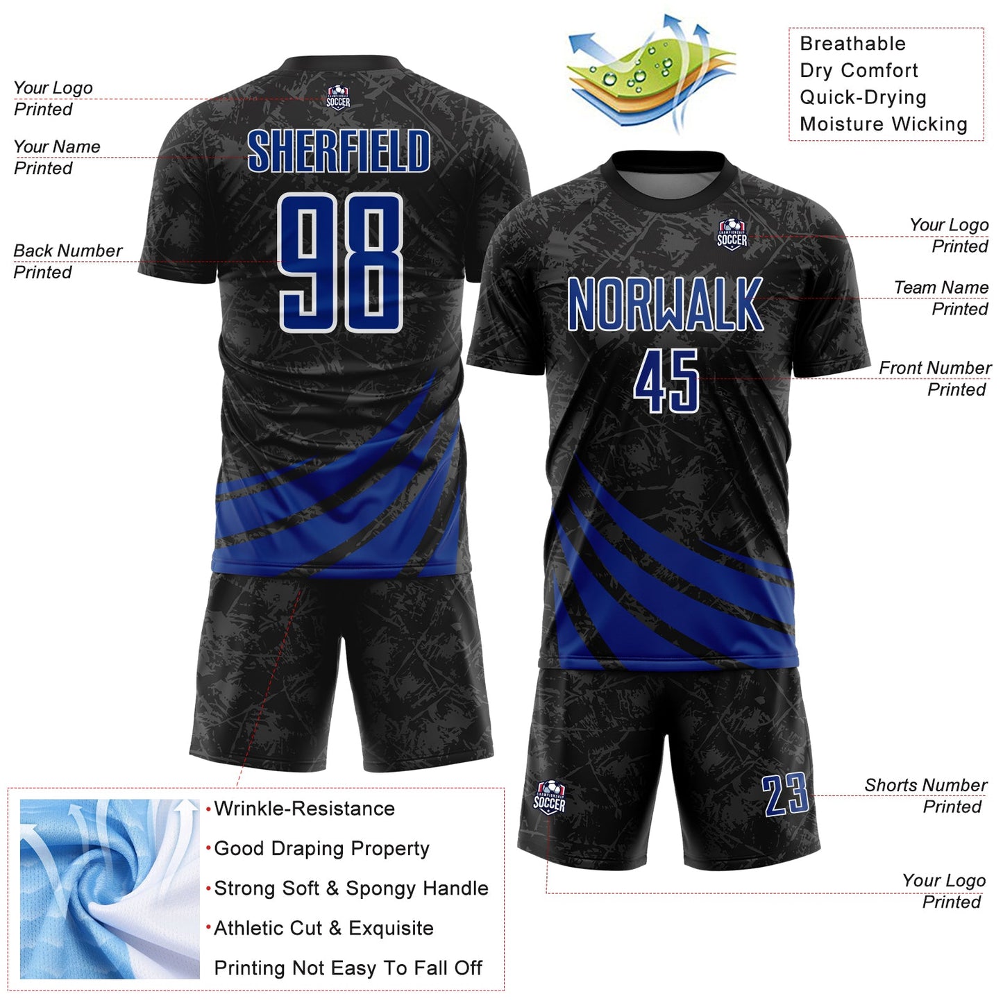 Custom Black Royal-White Distressed Diagonal Stripes Wind Shapes Sports Sublimation Soccer Uniform Jersey view 4