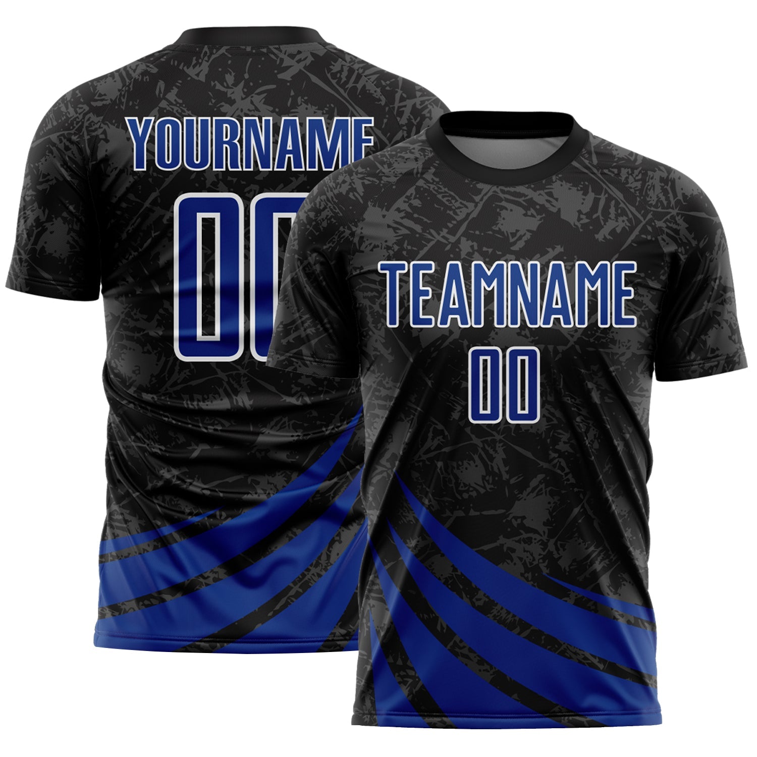 Custom Black Royal-White Distressed Diagonal Stripes Wind Shapes Sports Sublimation Soccer Uniform Jersey - Main View