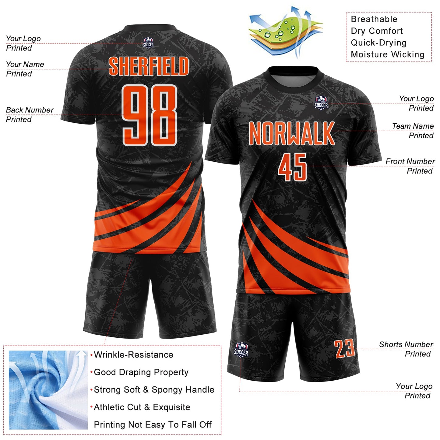 Custom Black Orange-White Distressed Diagonal Stripes Wind Shapes Sports Sublimation Soccer Uniform Jersey view 4