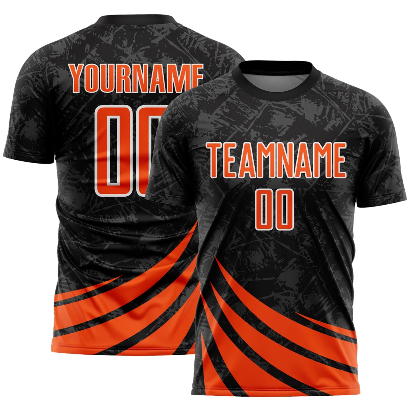 Custom Black Orange-White Distressed Diagonal Stripes Wind Shapes Sports Sublimation Soccer Uniform Jersey - Main View