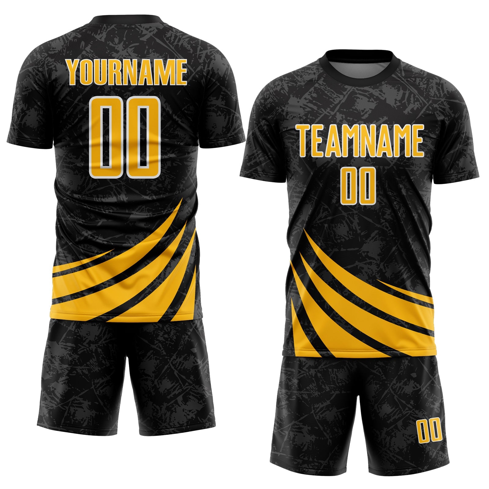 Custom Black Gold-White Distressed Diagonal Stripes Wind Shapes Sports Sublimation Soccer Uniform Jersey view 2