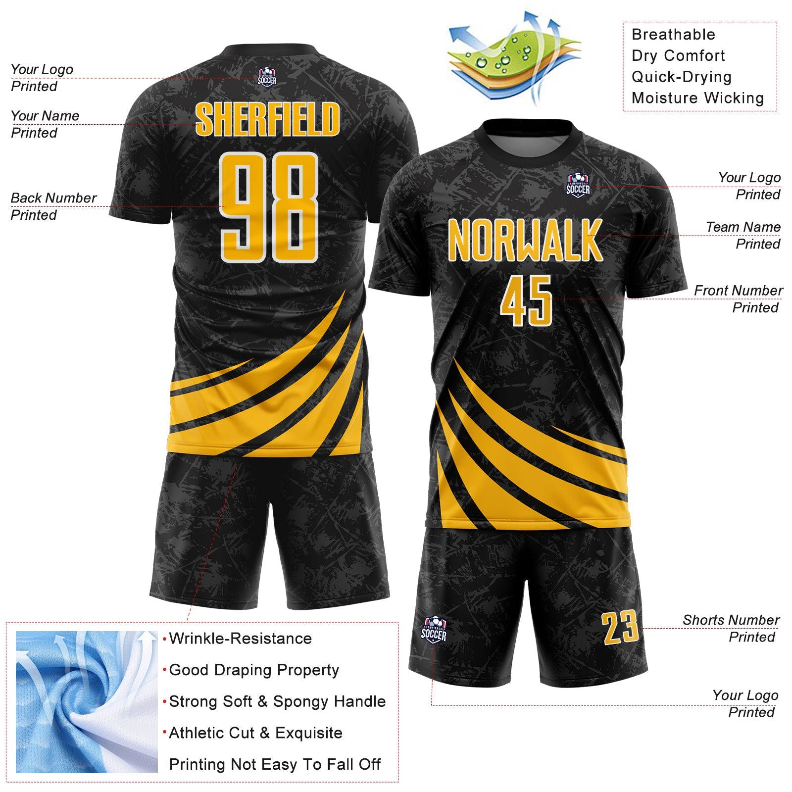 Custom Black Gold-White Distressed Diagonal Stripes Wind Shapes Sports Sublimation Soccer Uniform Jersey view 4