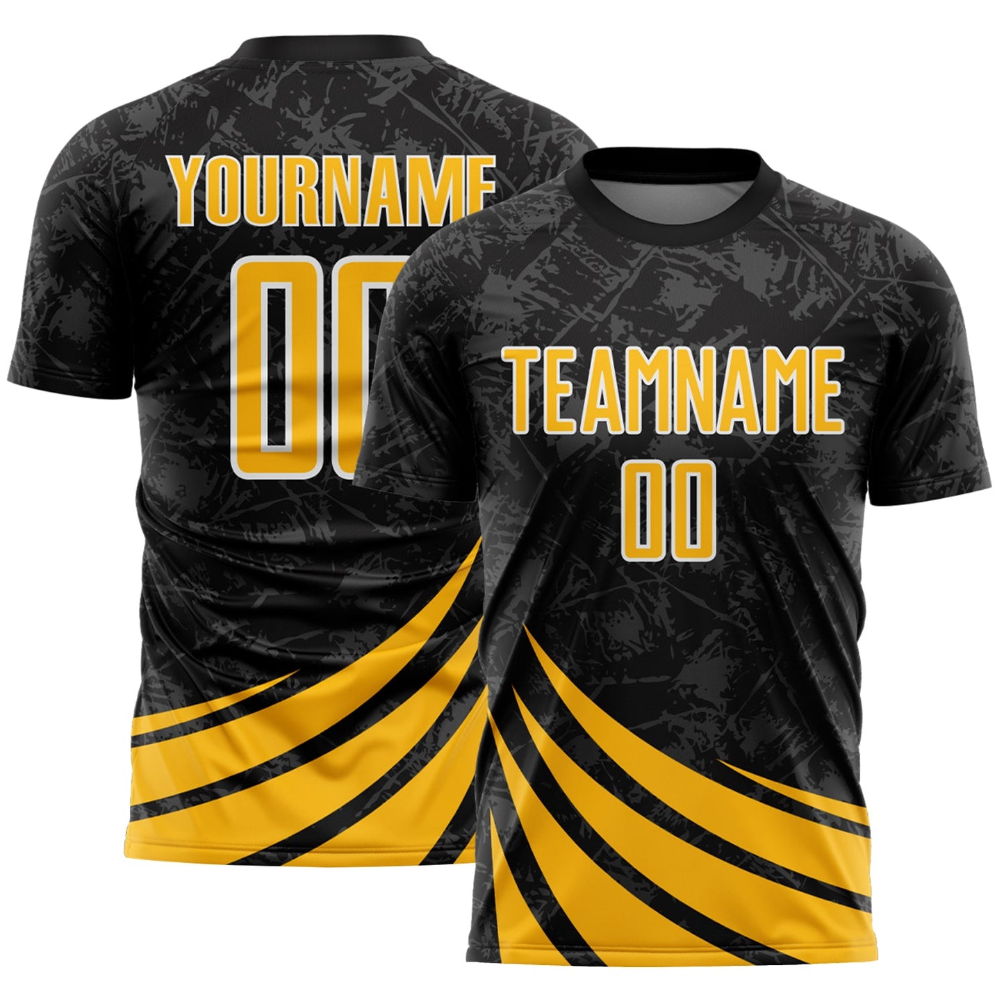 Custom Black Gold-White Distressed Diagonal Stripes Wind Shapes Sports Sublimation Soccer Uniform Jersey - Main View