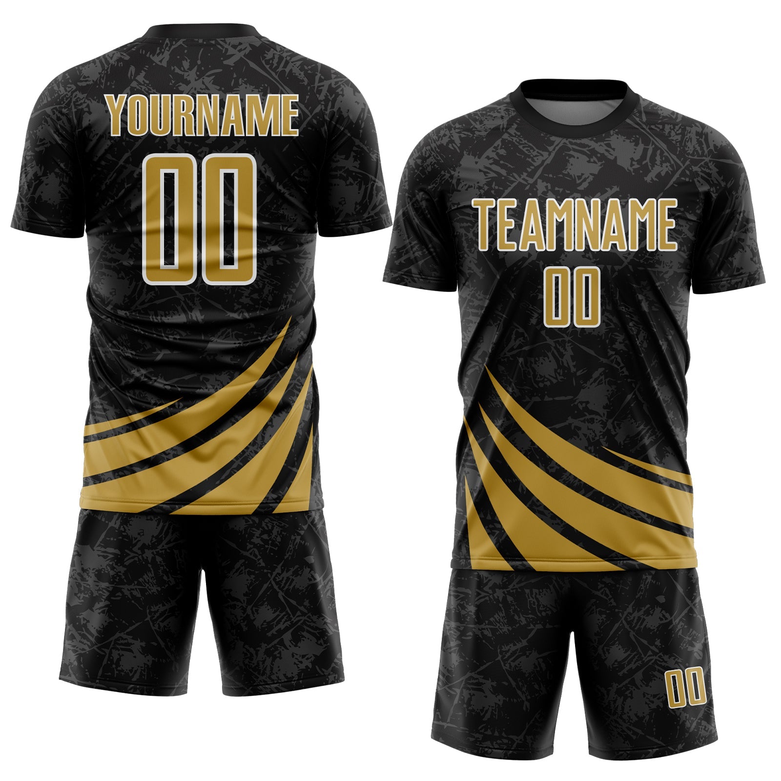 Custom Black Old Gold-White Distressed Diagonal Stripes Wind Shapes Sports Sublimation Soccer Uniform Jersey view 2