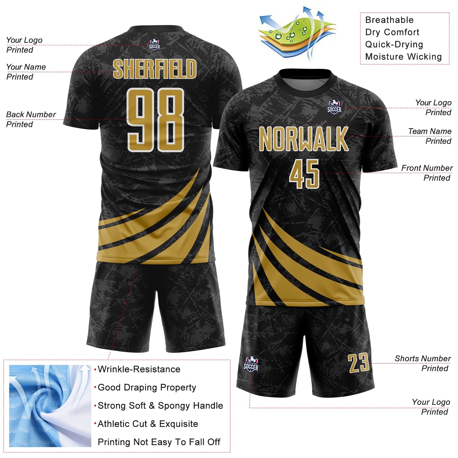 Custom Black Old Gold-White Distressed Diagonal Stripes Wind Shapes Sports Sublimation Soccer Uniform Jersey view 4