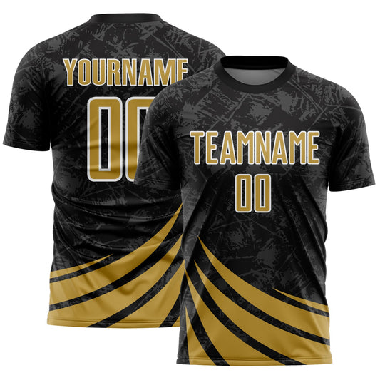 Custom Black Old Gold-White Distressed Diagonal Stripes Wind Shapes Sports Sublimation Soccer Uniform Jersey - Main View