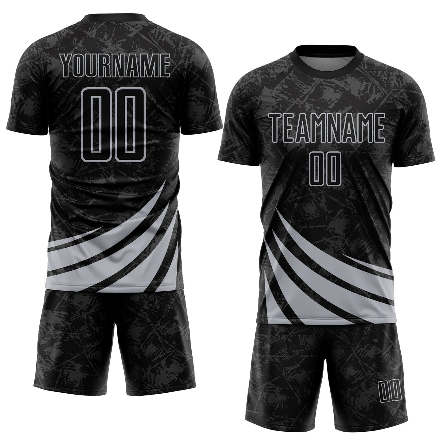 Custom Black Gray Distressed Diagonal Stripes Wind Shapes Sports Sublimation Soccer Uniform Jersey view 2