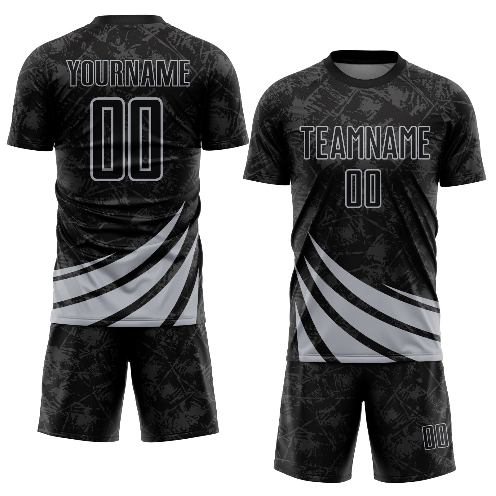 Custom Black Gray Distressed Diagonal Stripes Wind Shapes Sports Sublimation Soccer Uniform Jersey view 2