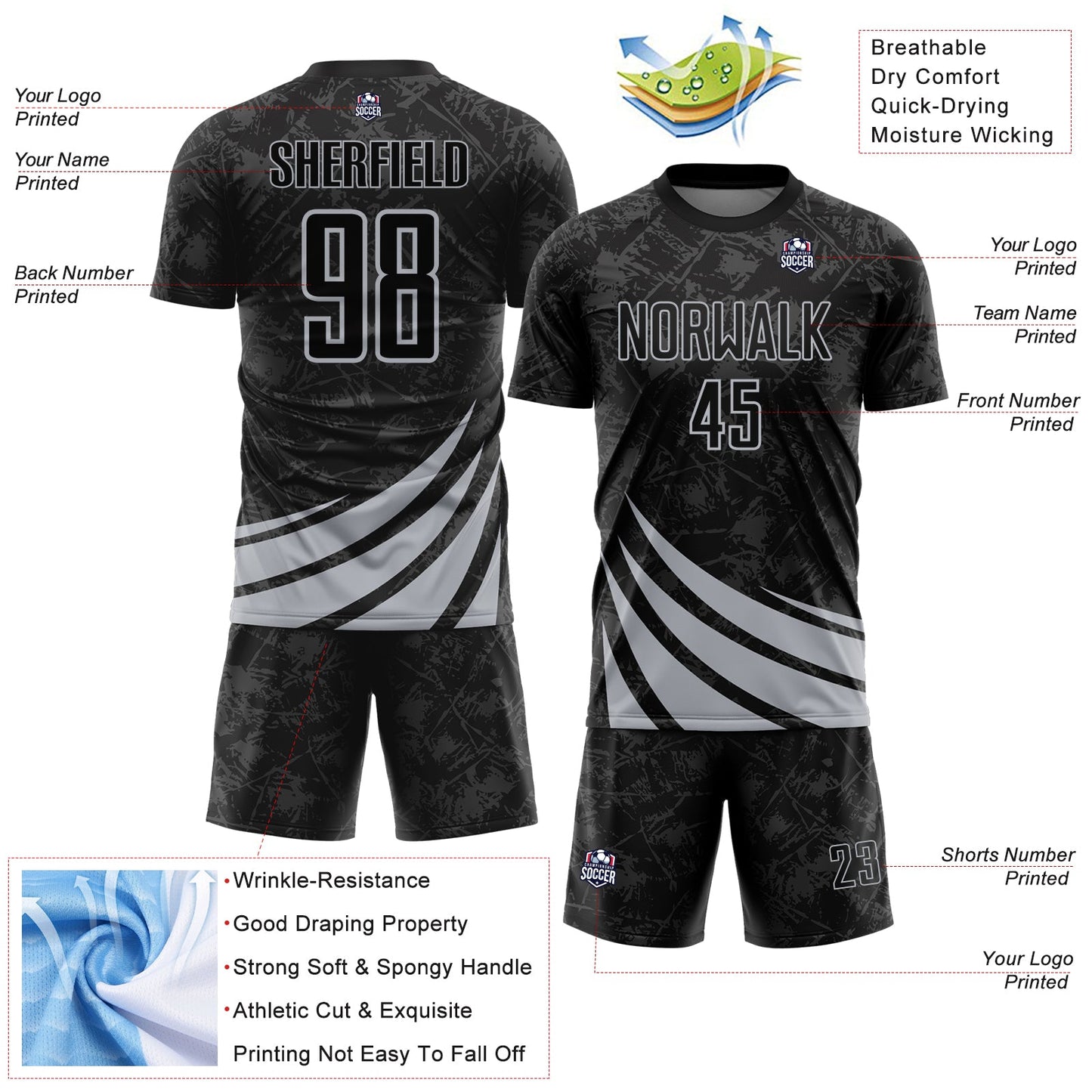 Custom Black Gray Distressed Diagonal Stripes Wind Shapes Sports Sublimation Soccer Uniform Jersey view 4