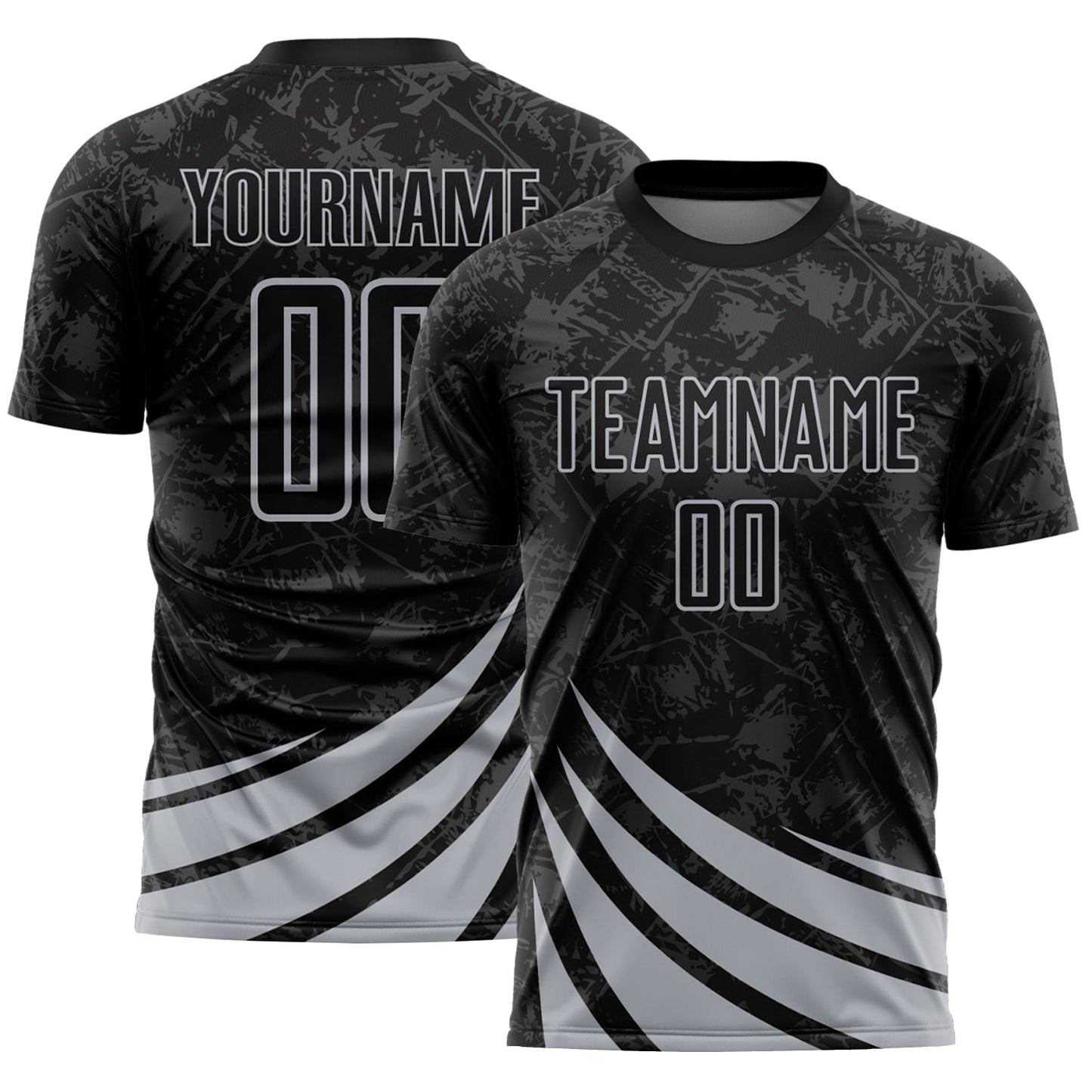 Custom Black Gray Distressed Diagonal Stripes Wind Shapes Sports Sublimation Soccer Uniform Jersey - Main View