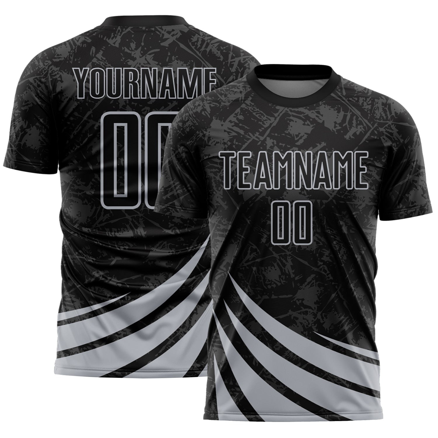 Custom Black Gray Distressed Diagonal Stripes Wind Shapes Sports Sublimation Soccer Uniform Jersey - Main View