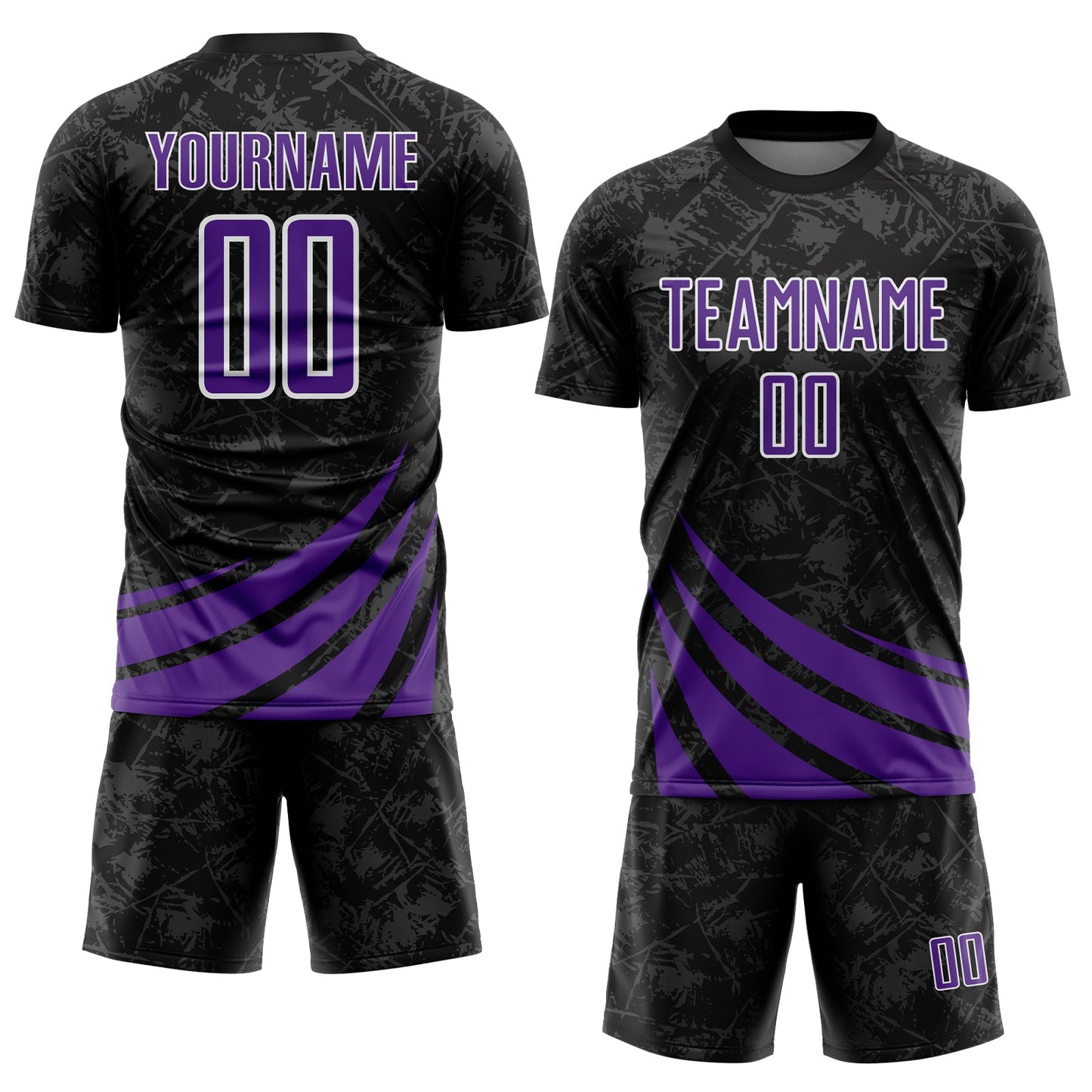 Custom Black Purple-White Distressed Diagonal Stripes Wind Shapes Sports Sublimation Soccer Uniform Jersey view 2
