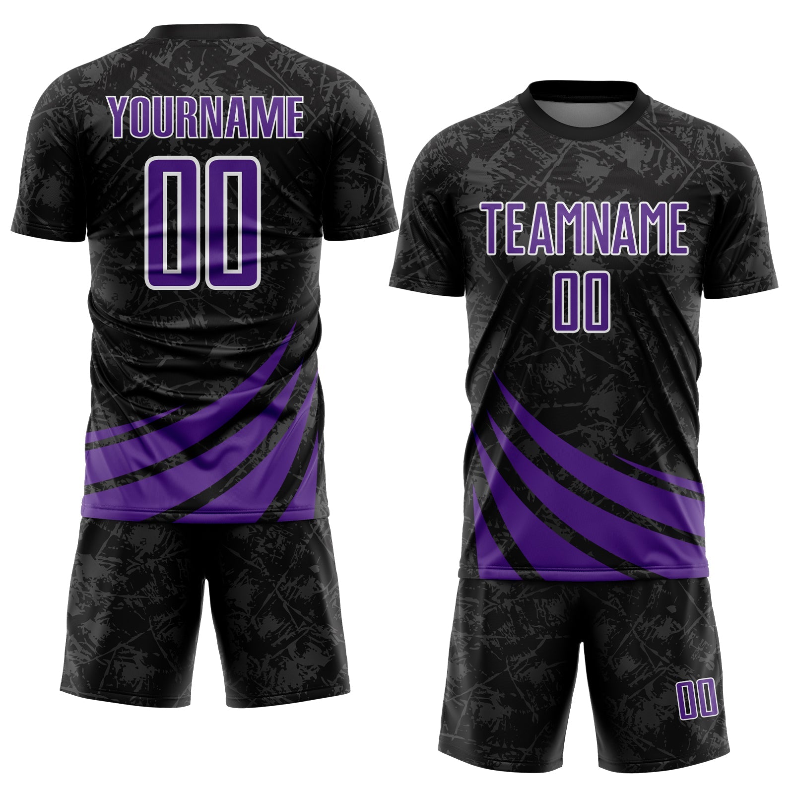 Custom Black Purple-White Distressed Diagonal Stripes Wind Shapes Sports Sublimation Soccer Uniform Jersey view 2