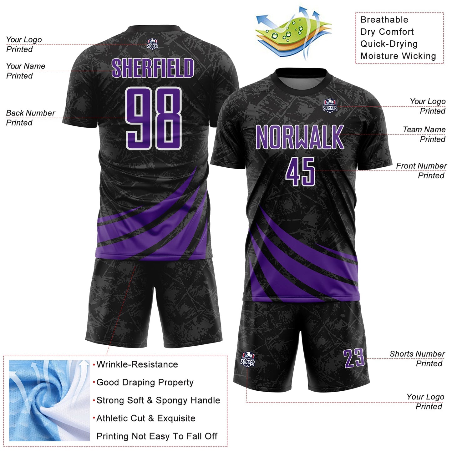 Custom Black Purple-White Distressed Diagonal Stripes Wind Shapes Sports Sublimation Soccer Uniform Jersey view 4