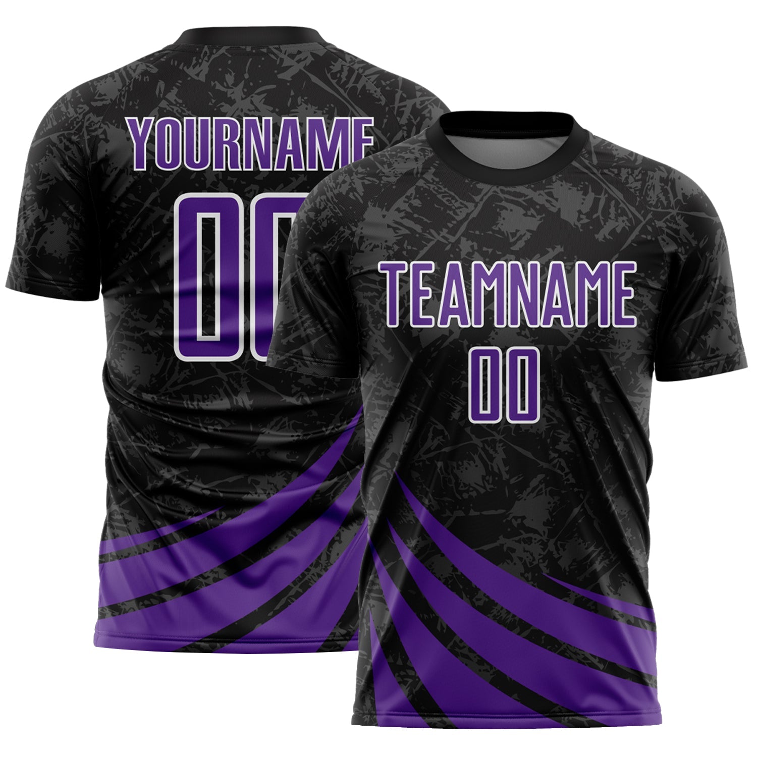 Custom Black Purple-White Distressed Diagonal Stripes Wind Shapes Sports Sublimation Soccer Uniform Jersey - Main View