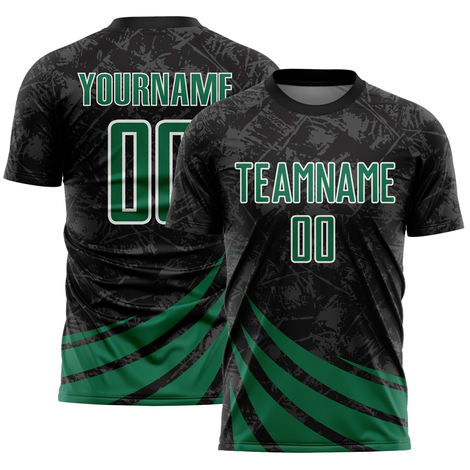 Custom Black Kelly Green-White Distressed Diagonal Stripes Wind Shapes Sports Sublimation Soccer Uniform Jersey - Main View