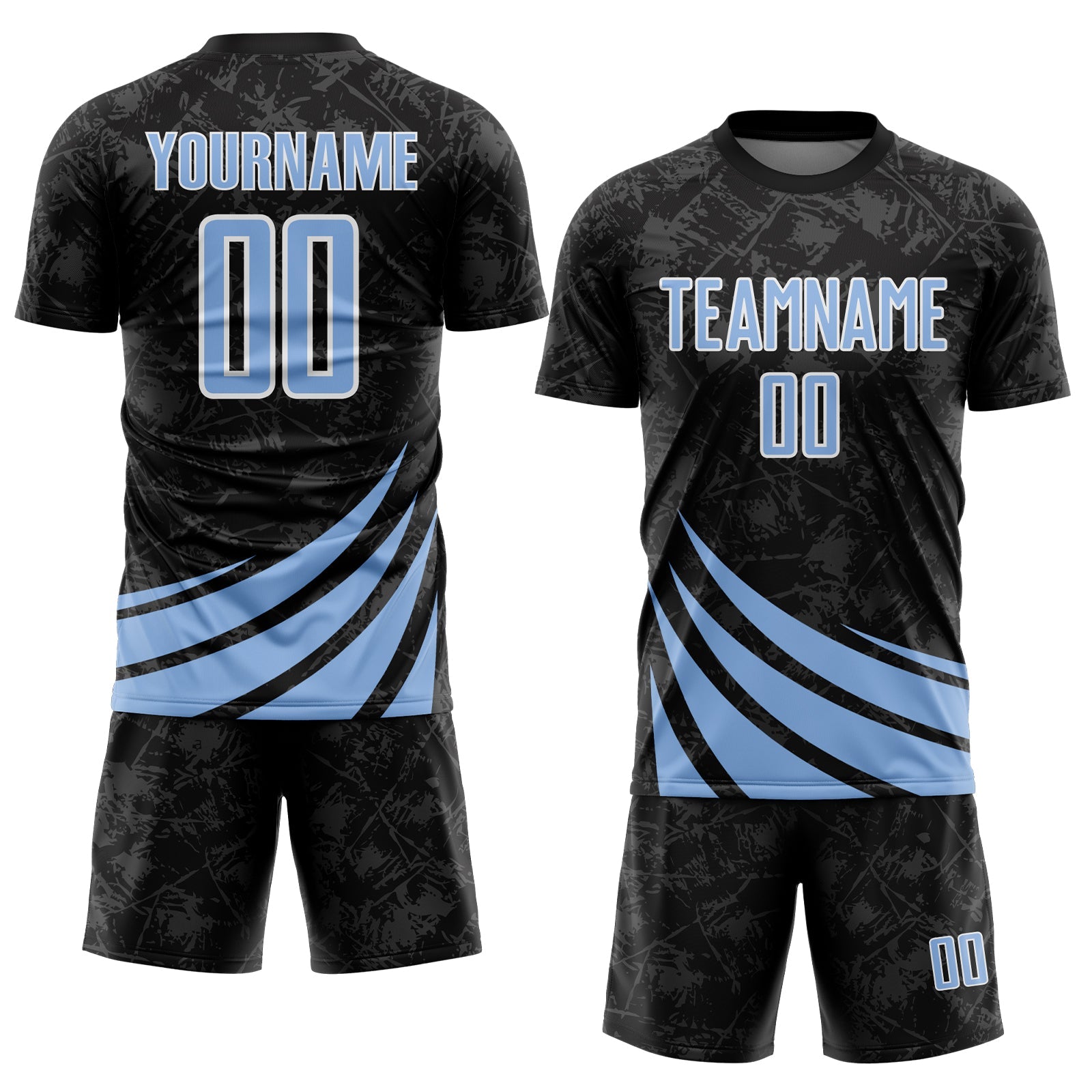 Custom Black Light Blue-White Distressed Diagonal Stripes Wind Shapes Sports Sublimation Soccer Uniform Jersey view 2